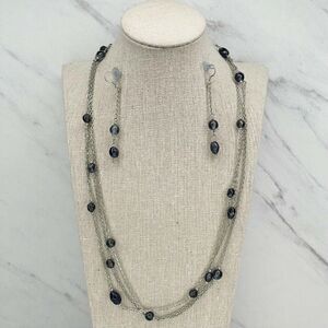 Silver Tone Blue Beaded Chain Link Necklace and Matching Dangle Earrings